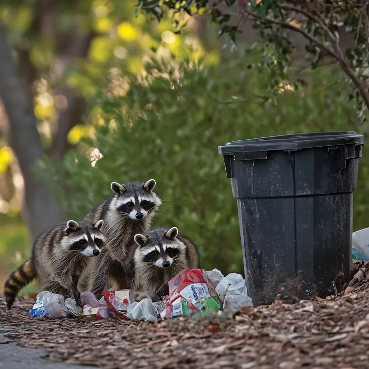 Three racoons eating out of a pile of trash